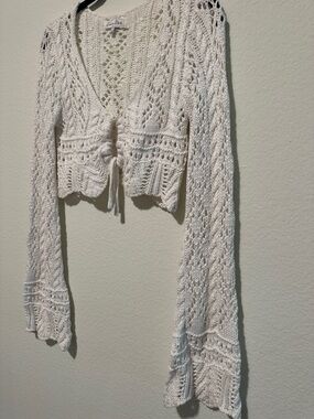 Ivory Crochet Tie-Front Cropped Cardigan